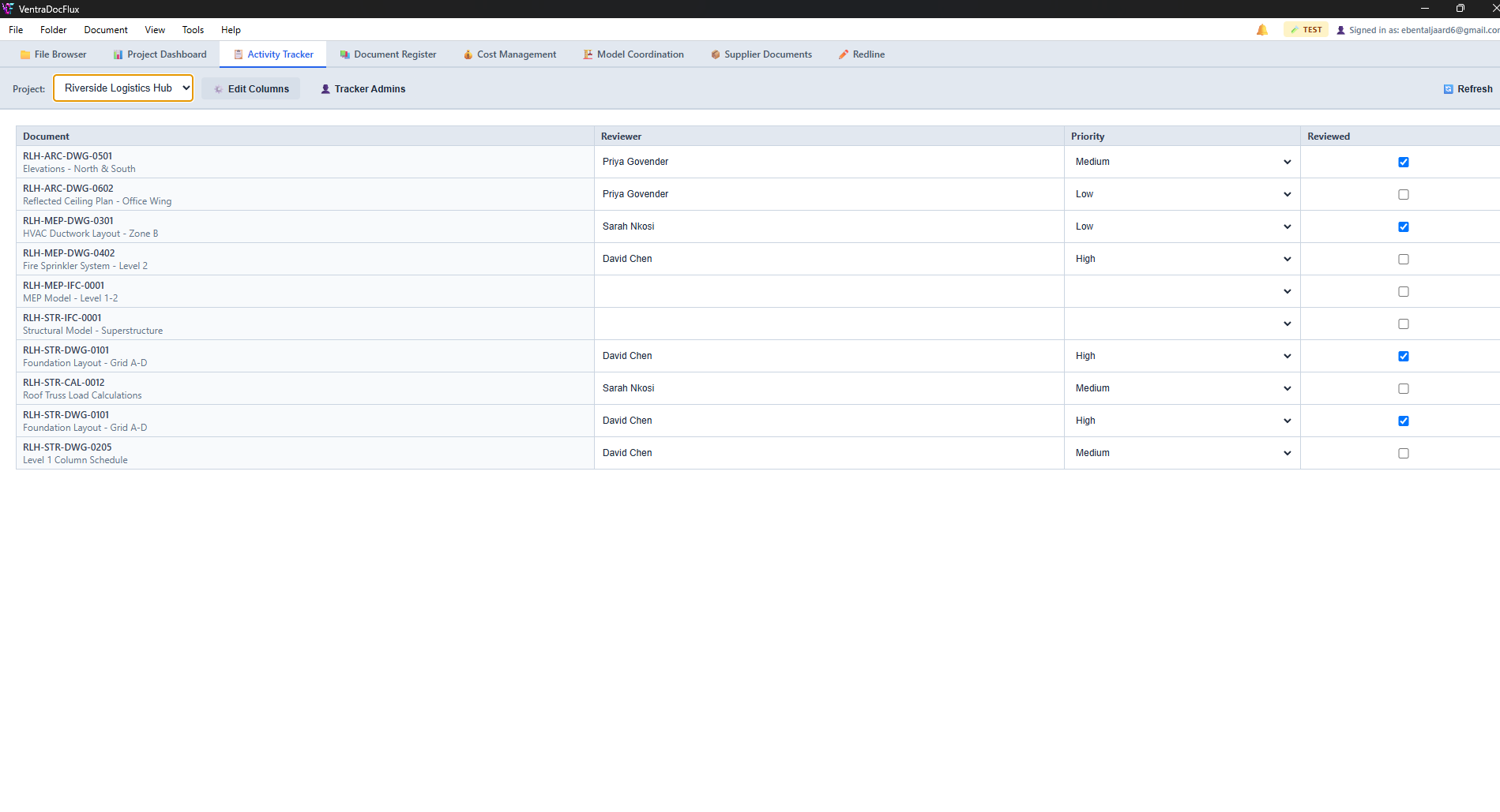 VentraDocFlux Activity Tracker showing a custom-column spreadsheet-style view per document