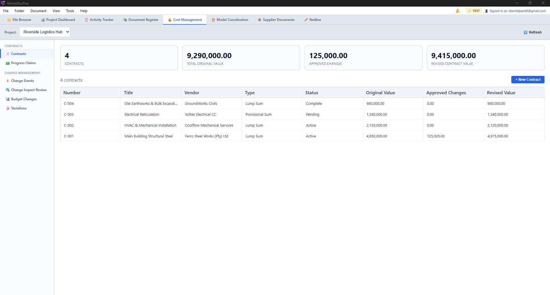 VentraDocFlux Cost Management showing contracts and budget tracking